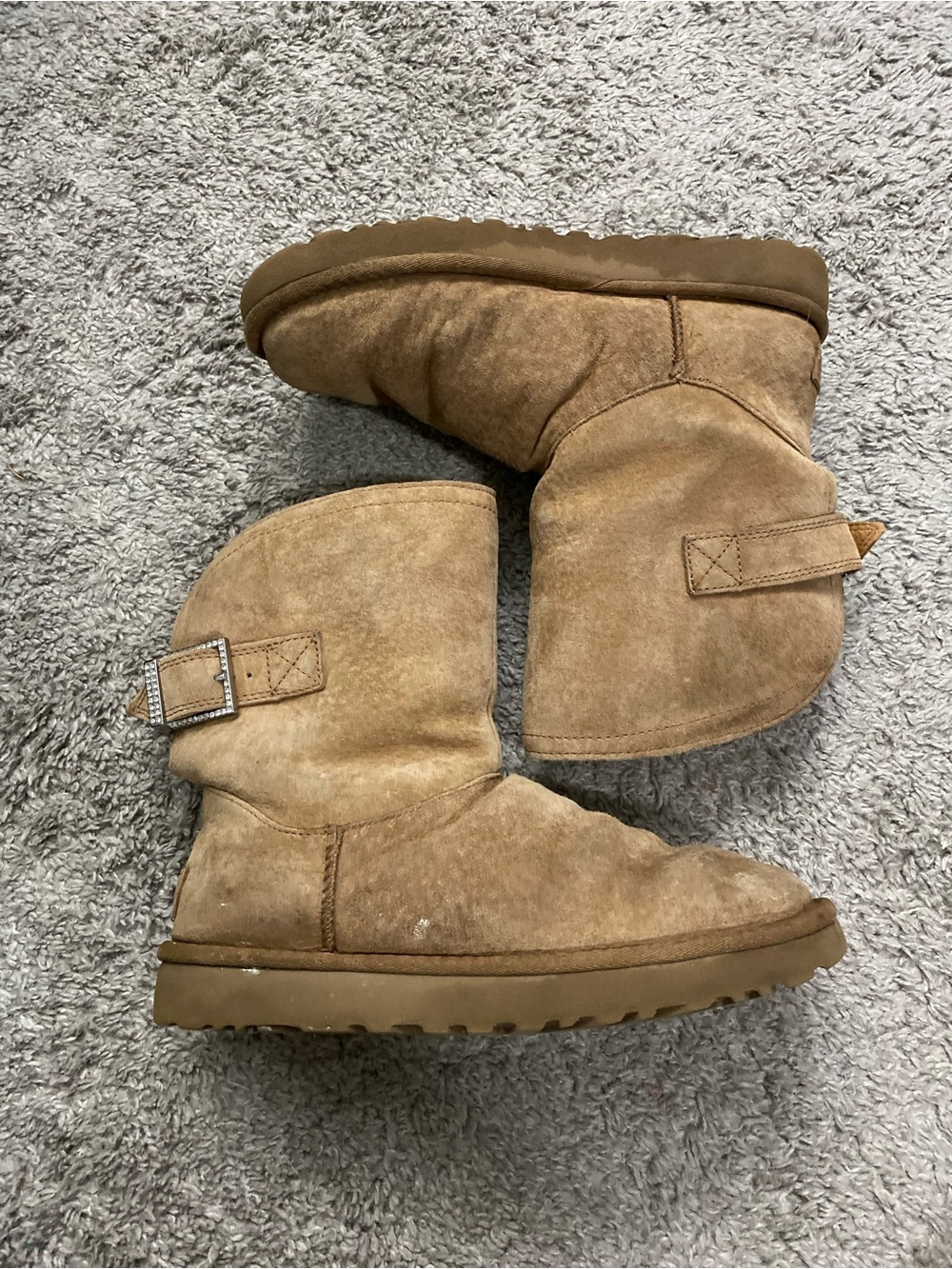 UGG Chestnut Suede Short Boots with Rhinestone Buckle
